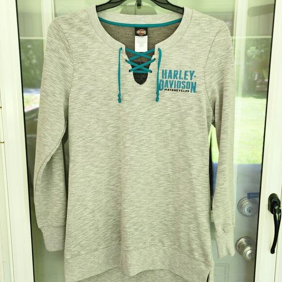 Harley-Davidson Tops - Harley Davidson Women's Size Medium Gray Long Sleeve Pullover Teal Accents
